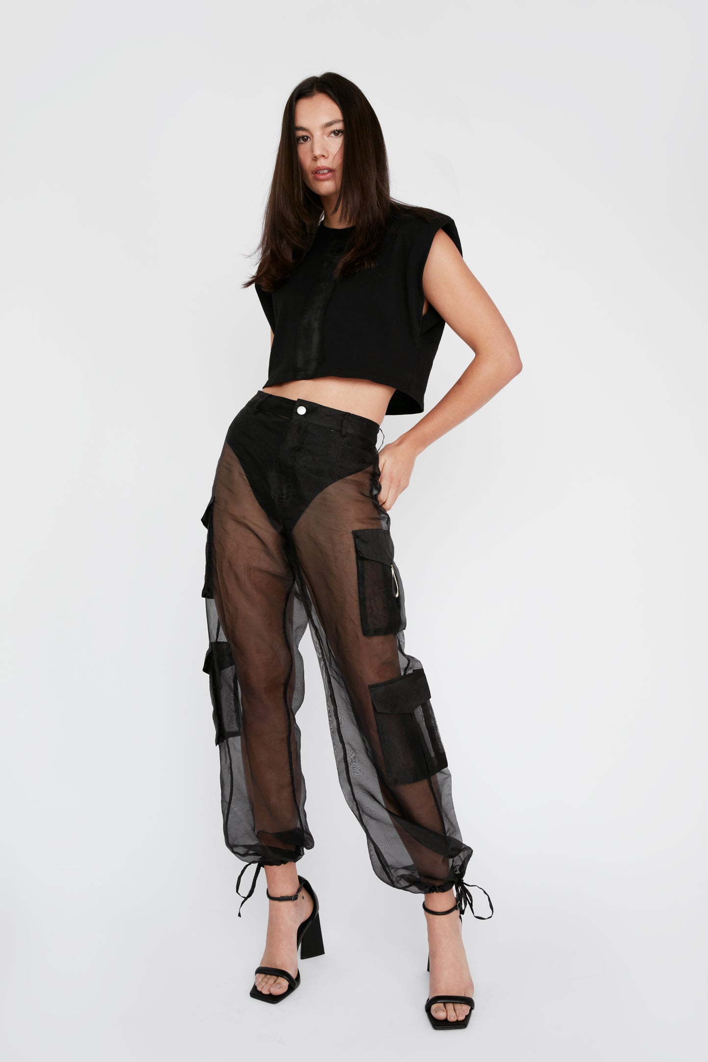 Onyx Black Sheer Organza Caro Pant with Signature Embellishments